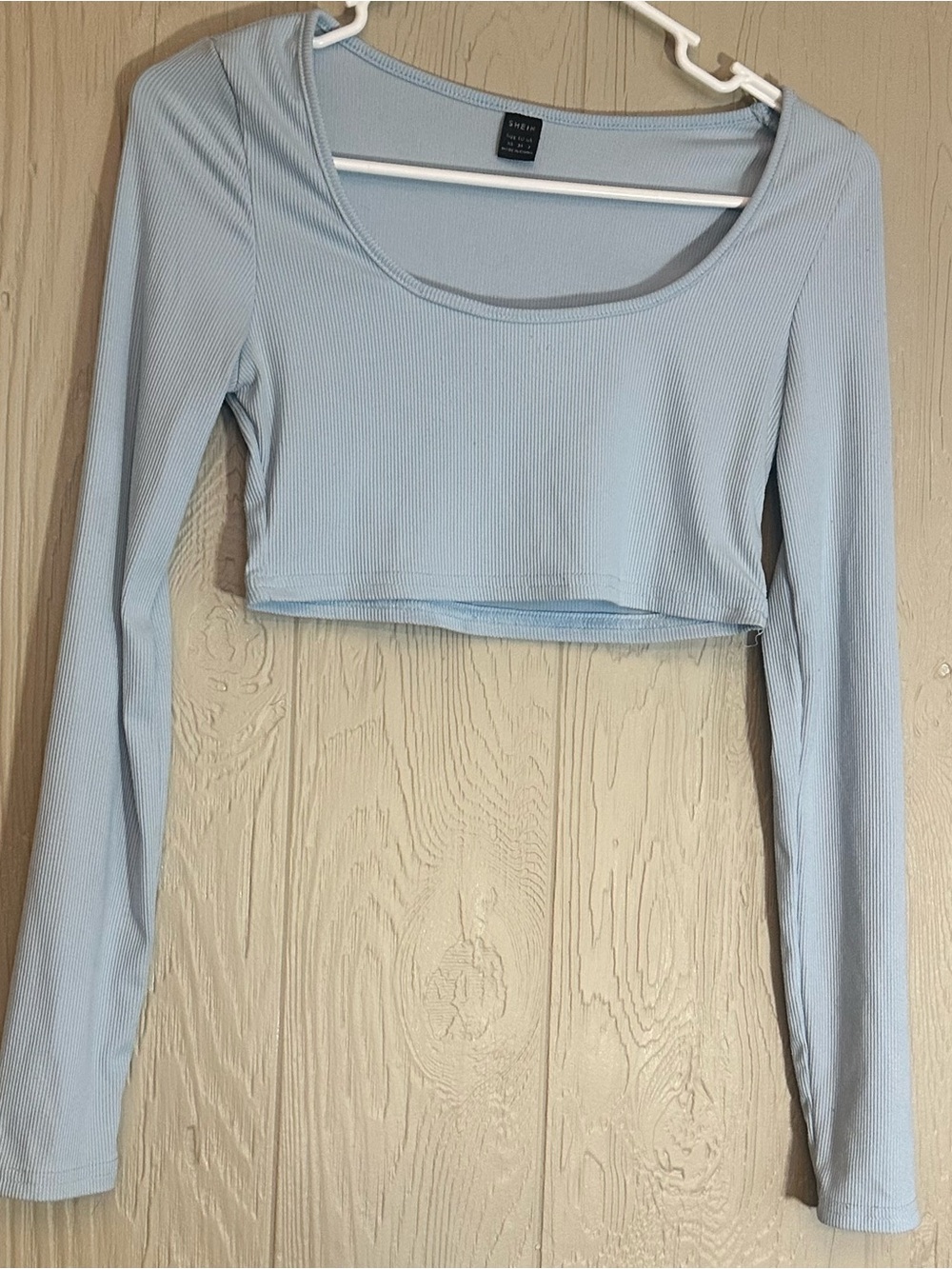 SHEIN Women’s Blue Ribbed Knit Scoop Neck Long Sleeve Cropped Top XS